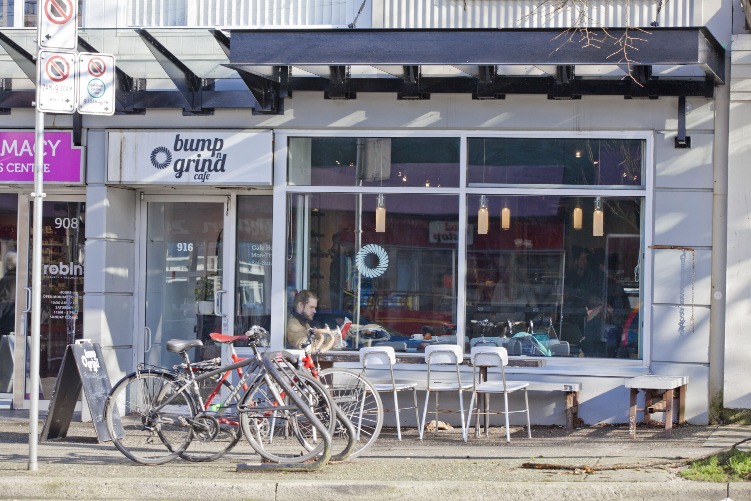 Bump n Grind Cafe storefront on Commercial Drive in Vancouver