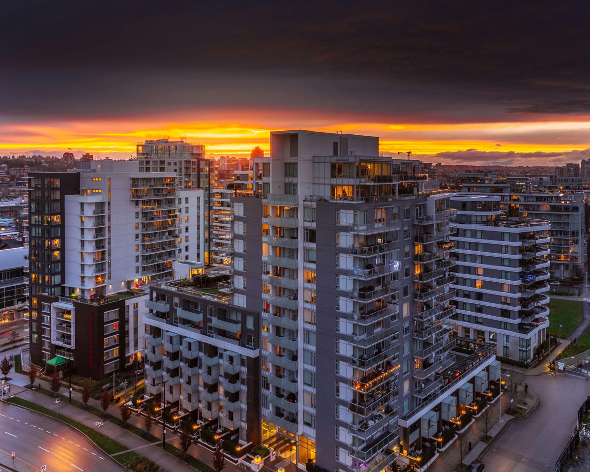 Aerial view of modern residential towers at sunset in Coquitlam, BC
