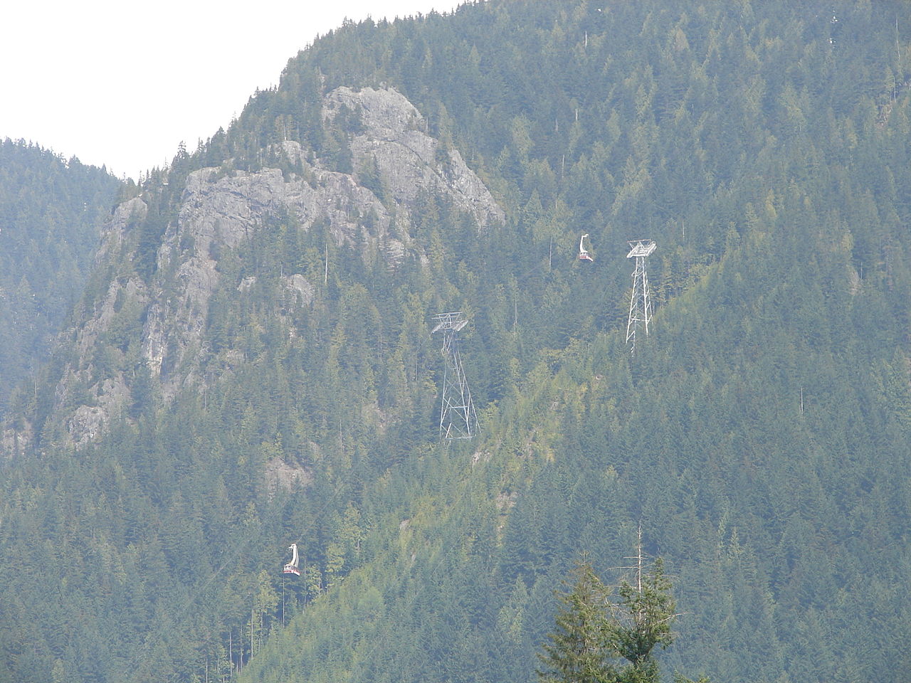 Grouse Mountain gondola ascending with Vancouver below