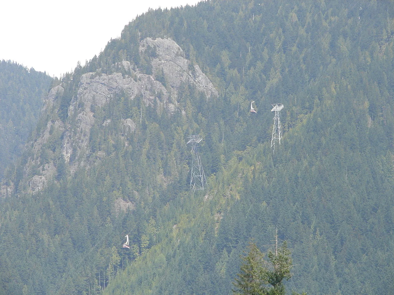 Grouse Mountain gondola ascending with Vancouver below