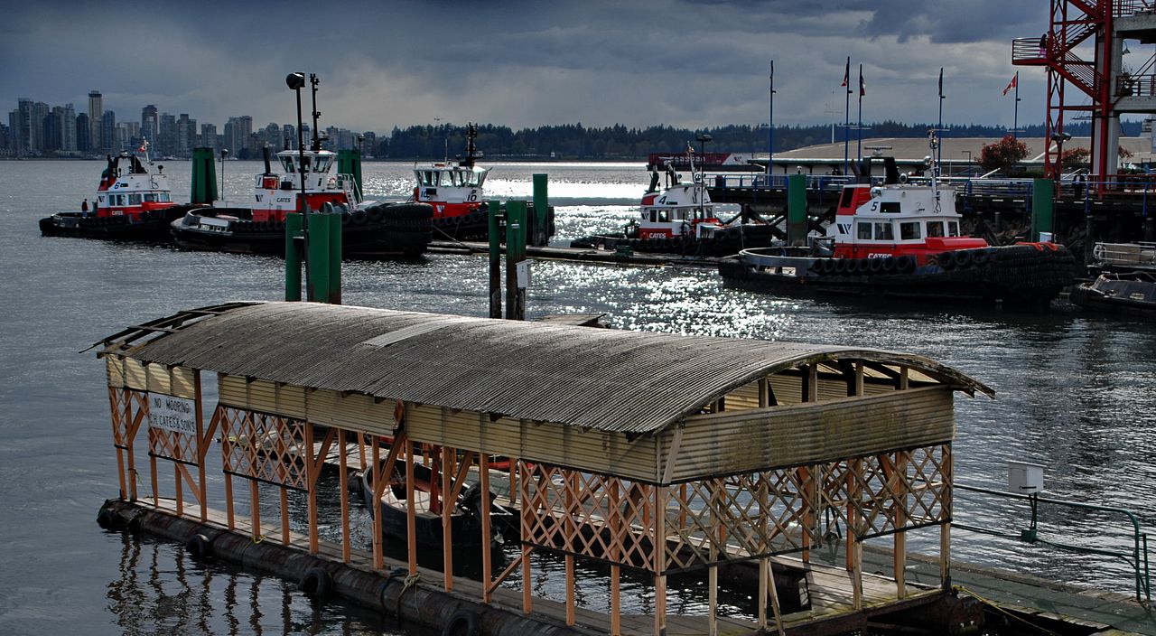 Lonsdale Quay waterfront with Vancouver skyline in the background