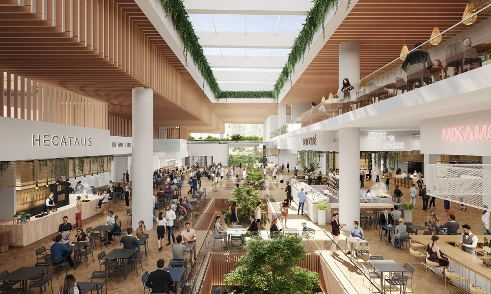 Oakridge Park food hall rendering in Vancouver
