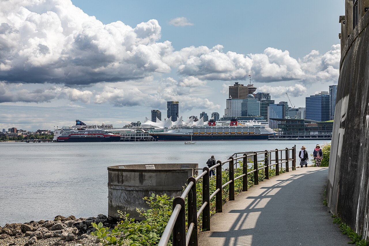 Stanley Park seawall path with ocean and mountains
