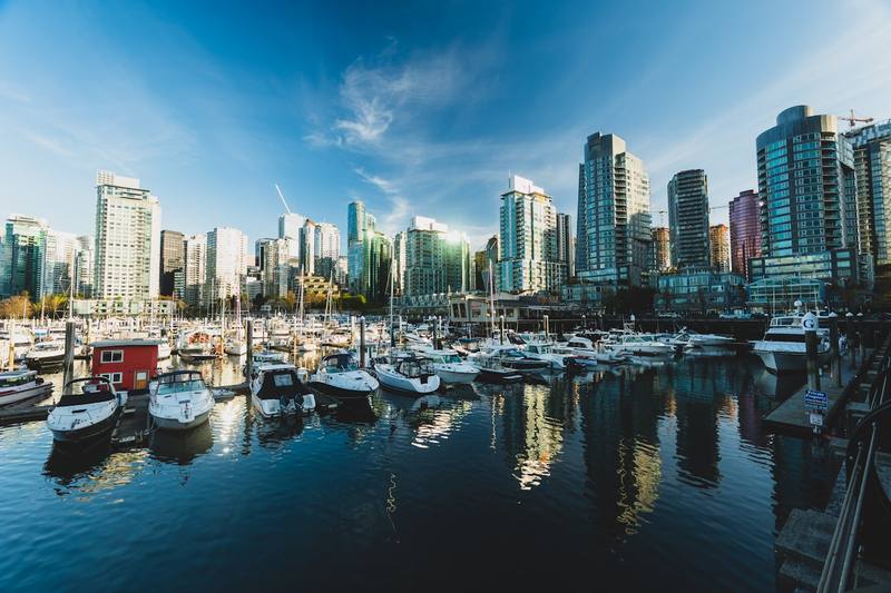Coal Harbour marina with Vancouver downtown skyline in background
