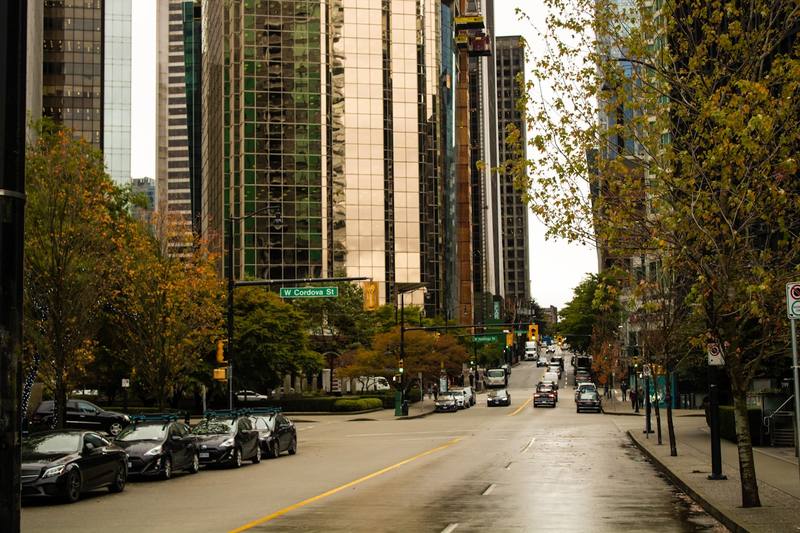 Downtown Vancouver street with glass towers on W Cordova Street