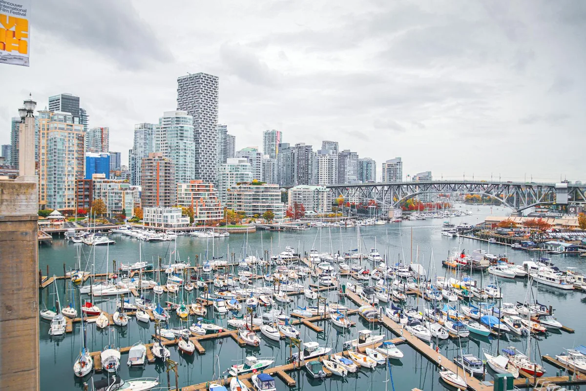 Vancouver skyline and False Creek marina near downtown for World Cup 2026 visitors