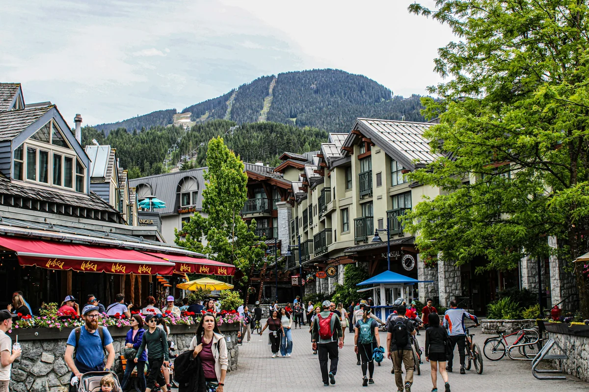 People walking through Whistler Village in British Columbia