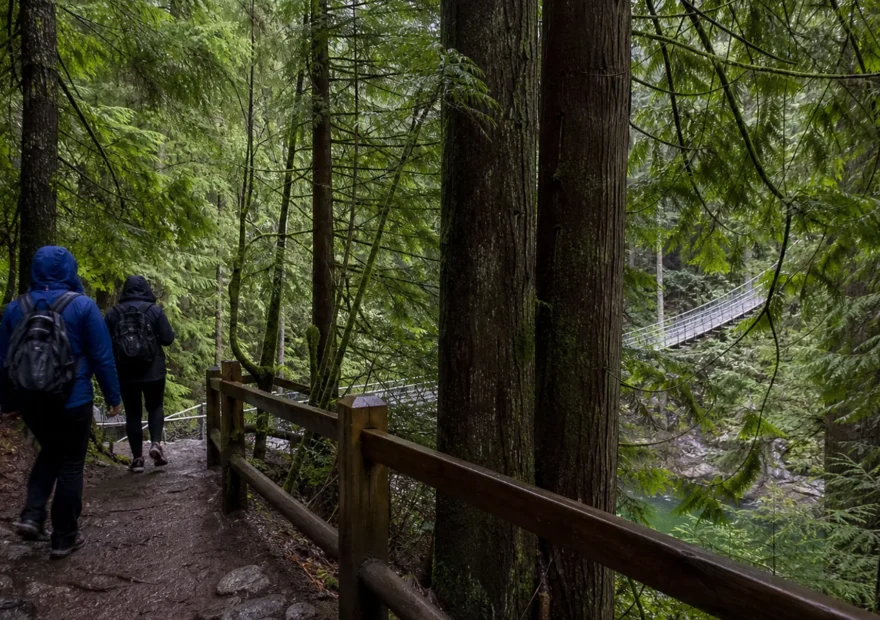 Hikers on a wet Lynn Canyon forest trail