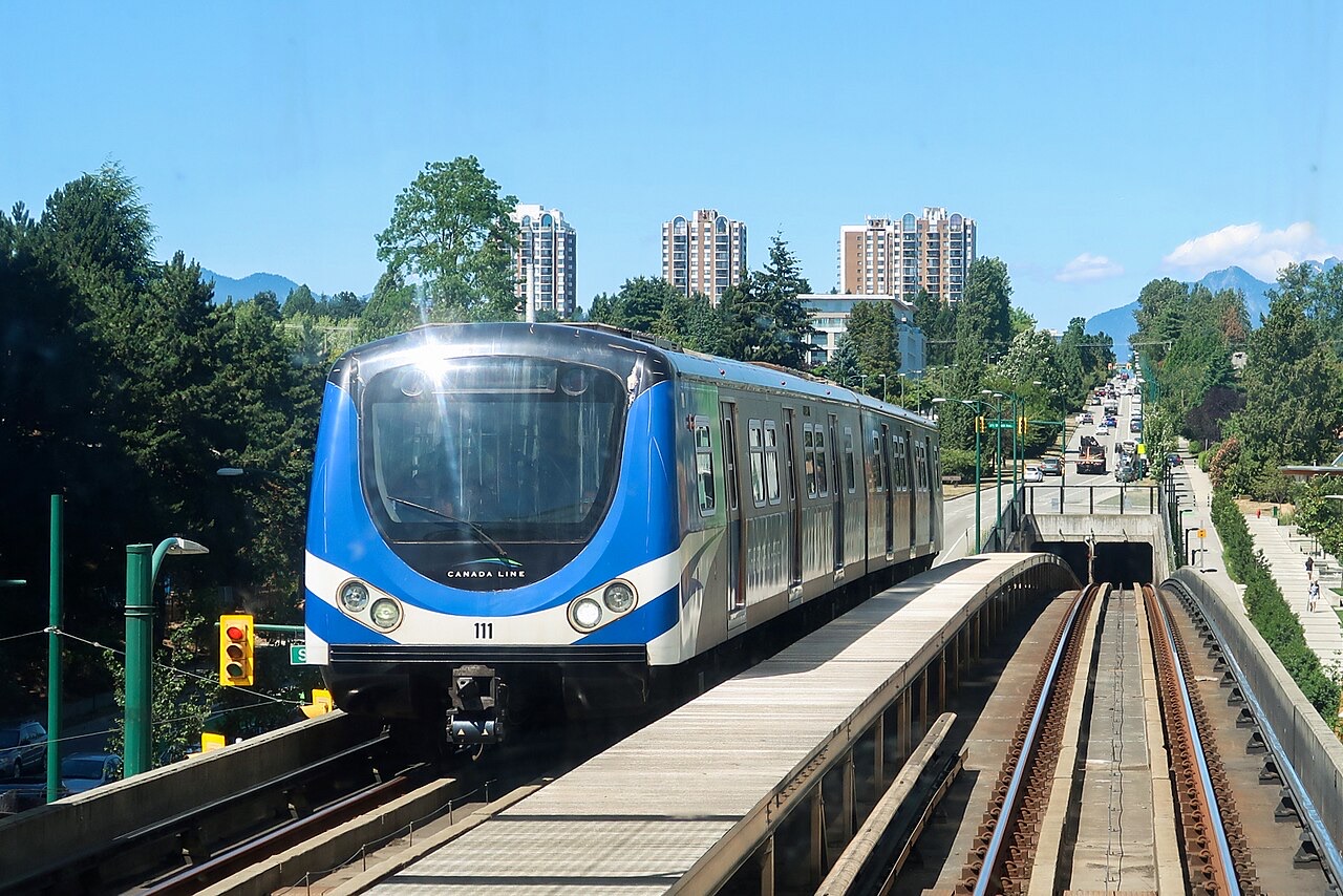 Canada Line train on an elevated track in Vancouver