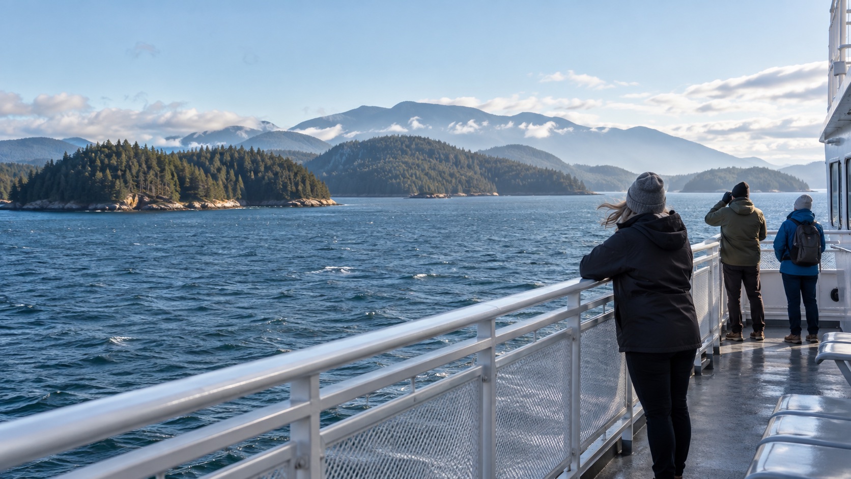 Passengers on an outdoor ferry deck looking across forested Gulf Islands.