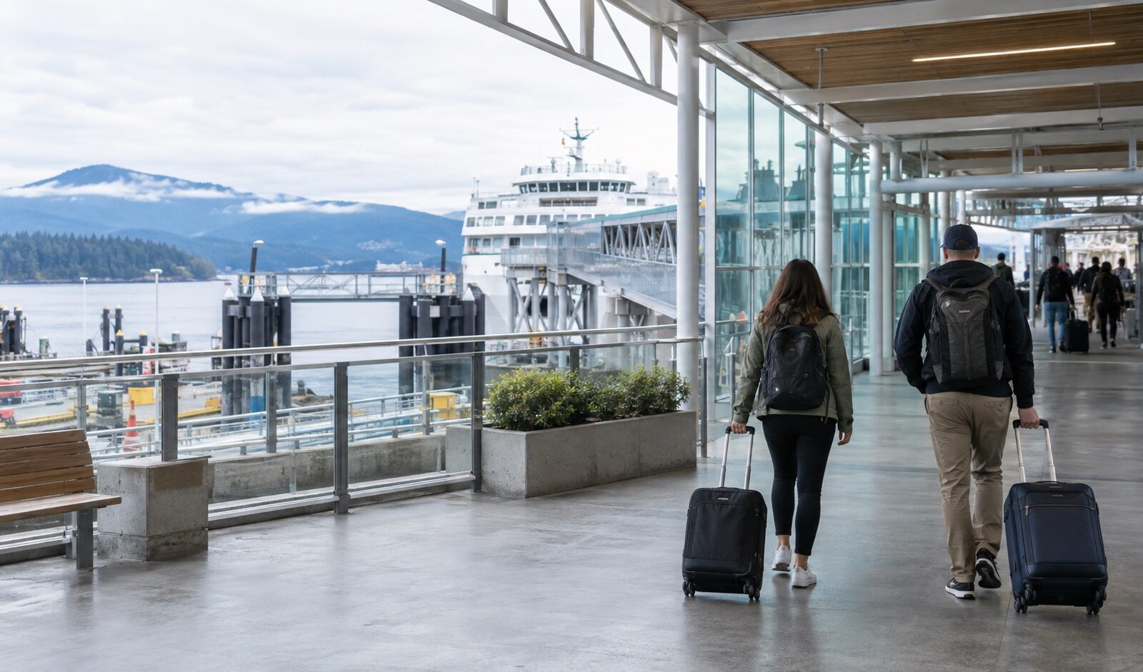 Foot passengers with small rolling suitcases walking through a coastal ferry terminal toward boarding.