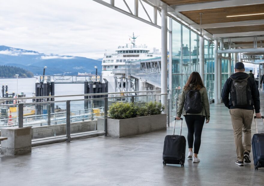 Foot passengers with small rolling suitcases walking through a coastal ferry terminal toward boarding.