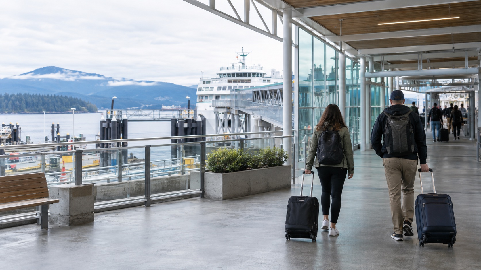 Foot passengers with small rolling suitcases walking through a coastal ferry terminal toward boarding.