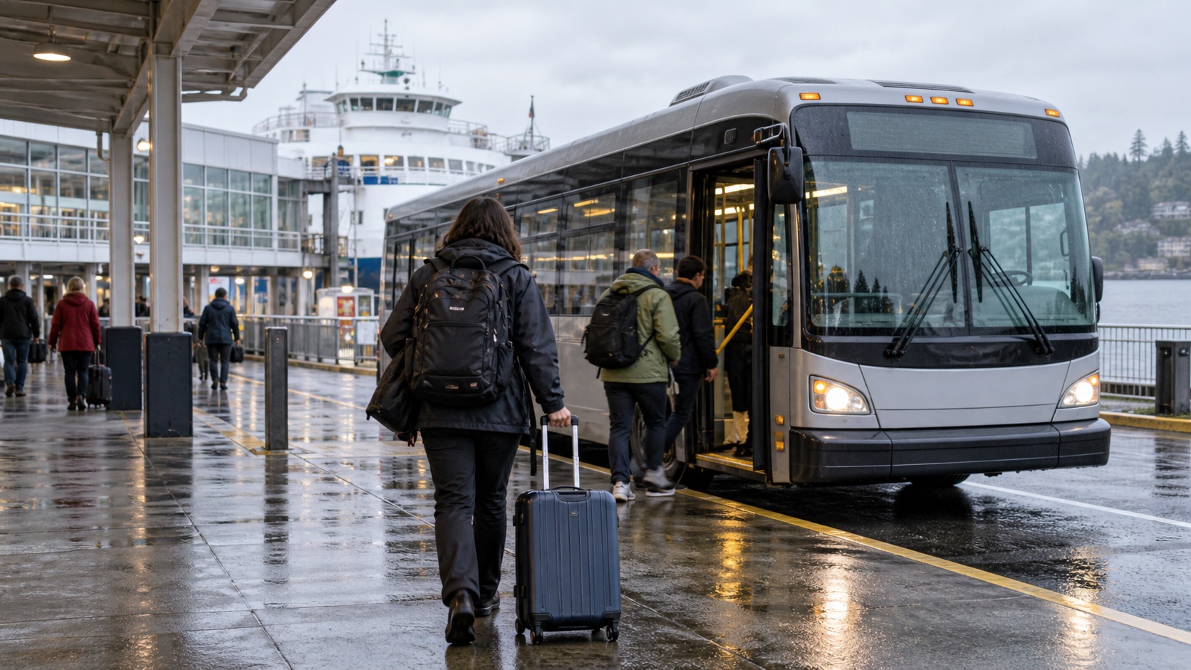 Traveller with a suitcase walking toward a regional bus at a ferry terminal.