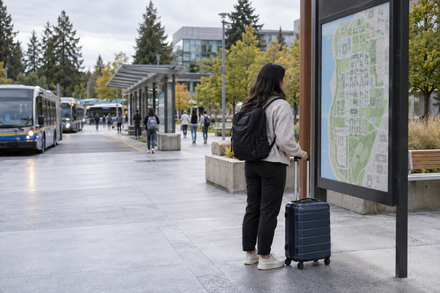 Traveller with a suitcase using a campus wayfinding map near UBC transit stops