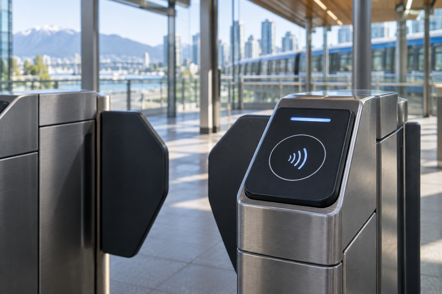 Contactless fare reader at a Vancouver rapid-transit gate