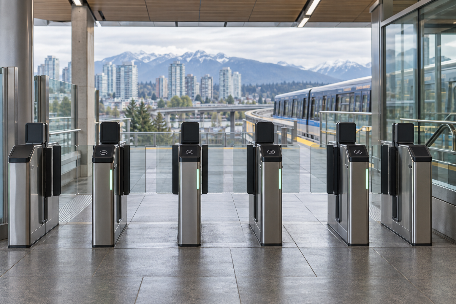 Open fare gates in a Vancouver rapid-transit station