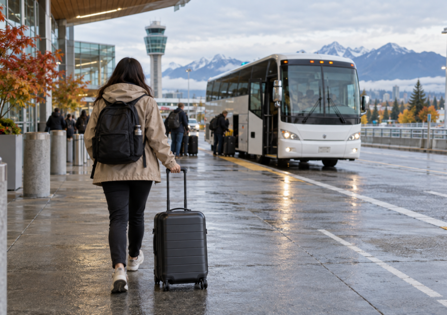Traveller with a carry-on walking toward an airport coach at YVR