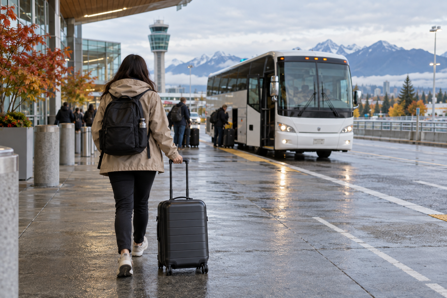Traveller with a carry-on walking toward an airport coach at YVR