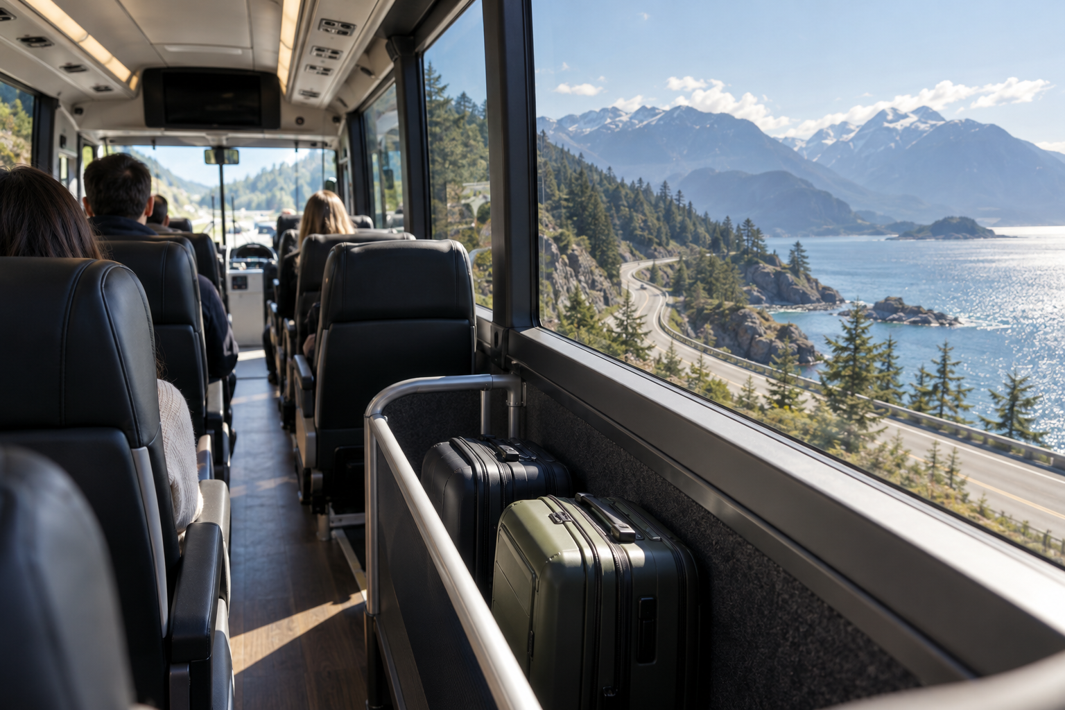 Passengers travelling by coach along the Sea-to-Sky Highway