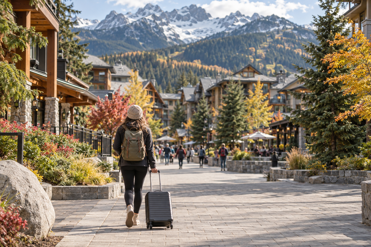 Traveller walking with luggage toward Whistler Village
