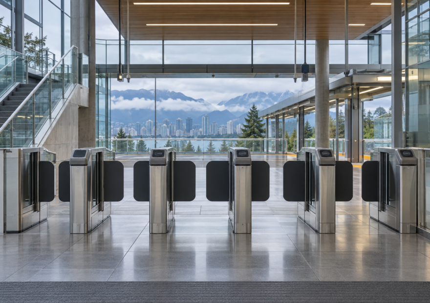 Empty fare gates in a Vancouver rapid-transit station
