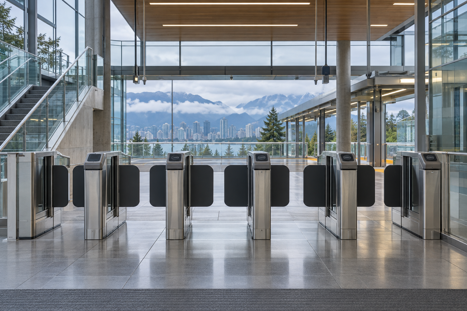 Empty fare gates in a Vancouver rapid-transit station