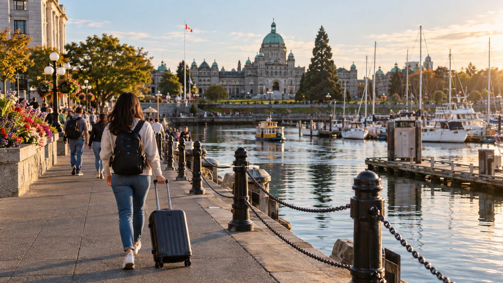 Traveller arriving at Victoria’s Inner Harbour with a small rolling suitcase.