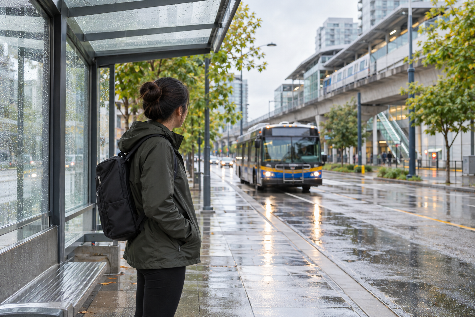 Traveller waiting at a covered Vancouver bus stop after a rail transfer