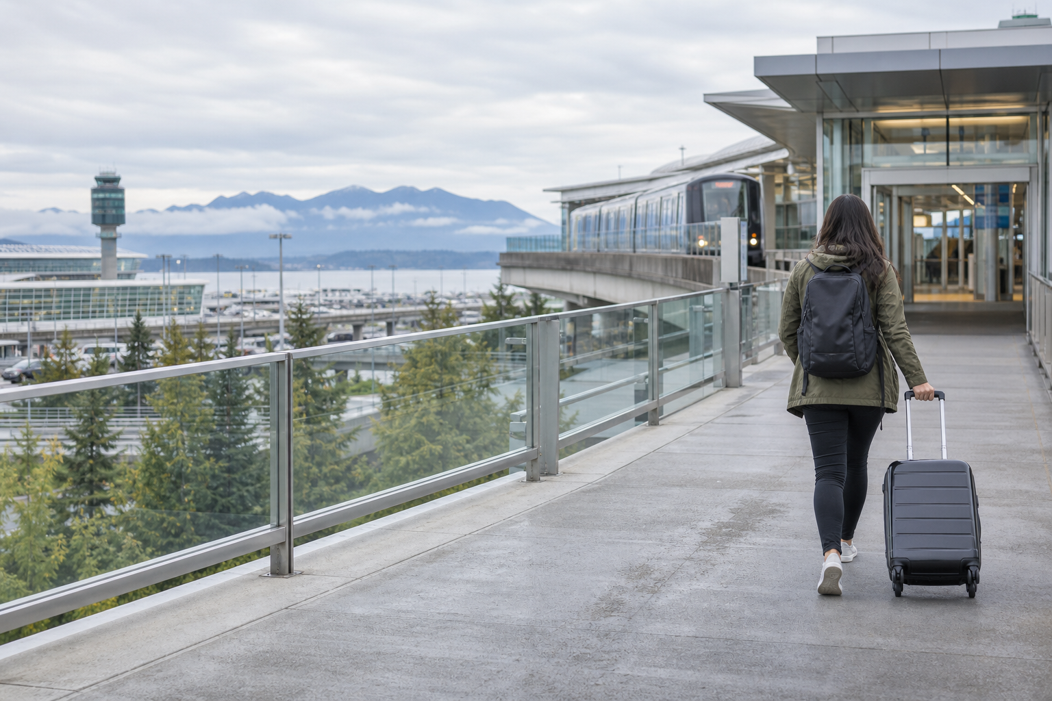 Traveller with a carry-on approaching a Vancouver airport rail station