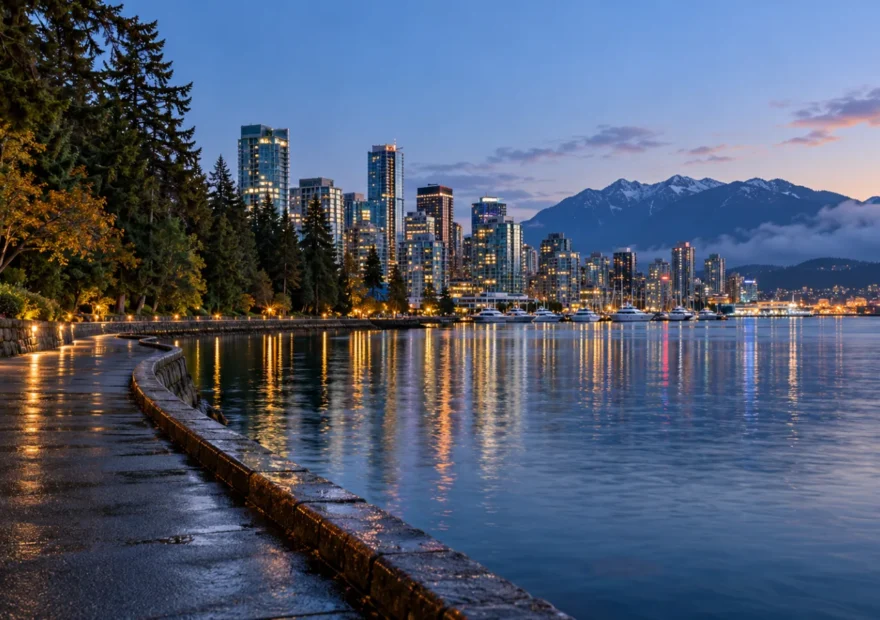 Stanley Park seawall and Vancouver skyline at blue hour