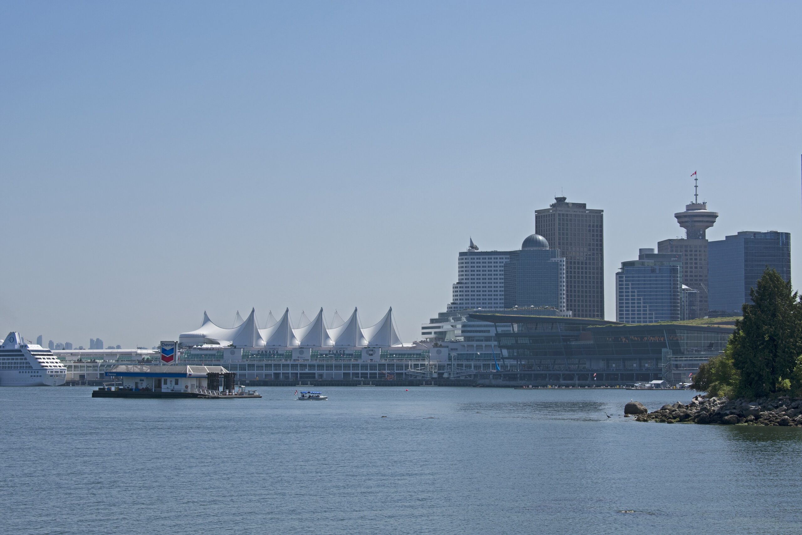 Canada Place seen from the Stanley Park side of Vancouver Harbour