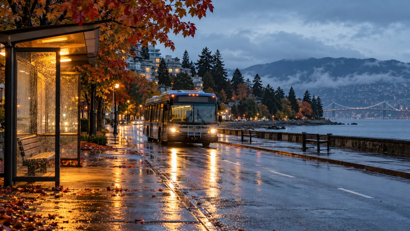 City bus arriving at a rainy evening stop near Stanley Park
