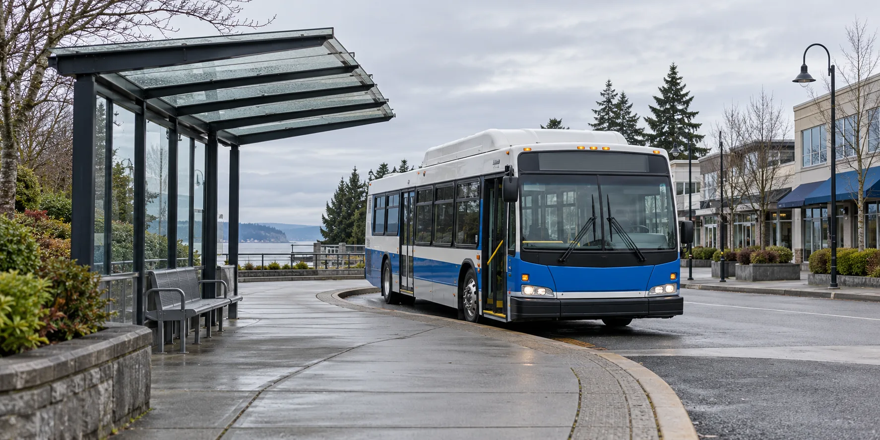 Bus at a small suburban exchange with a covered shelter