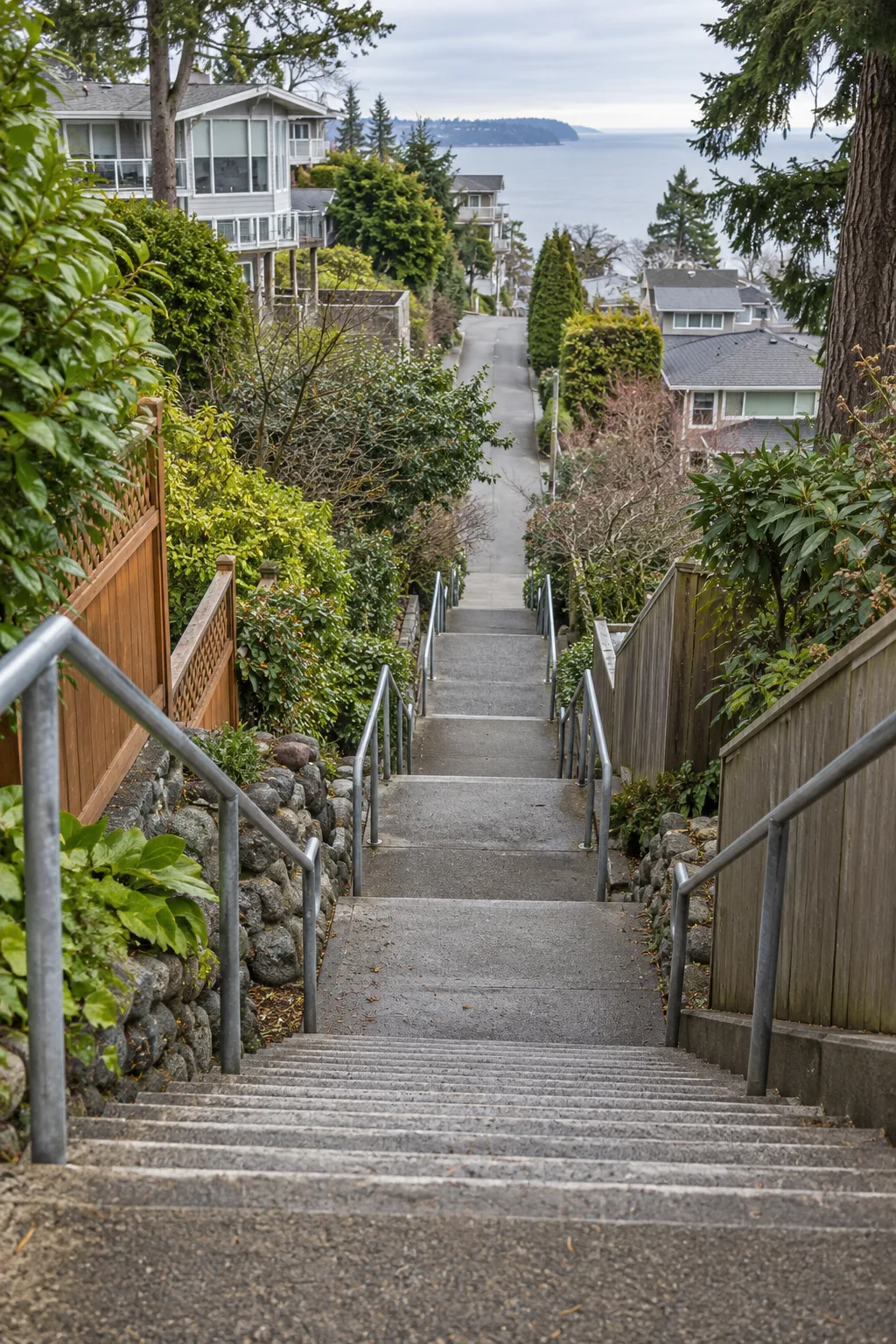 Steep outdoor stairway rising between hillside homes and trees
