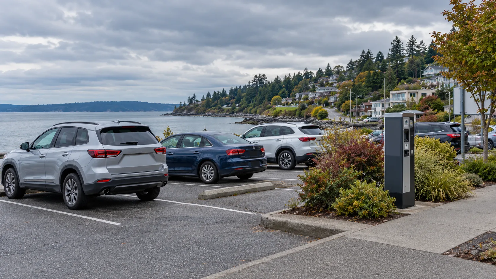 Waterfront parking spaces and a pay station near a coastal street